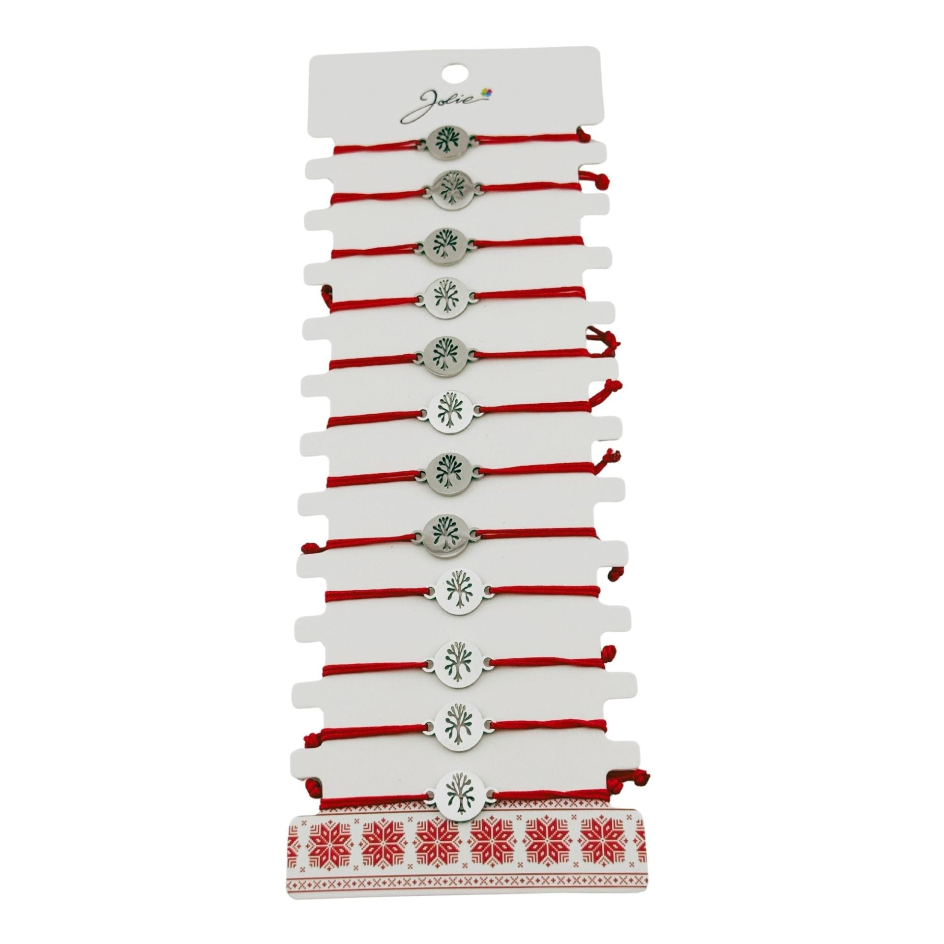 Bratara Martisor pentru Dama, Jolie, Model Copacul Vietii, Set 12 bucati, Pandativ Argintiu din Inox cu Snur Rosu Ajustabil