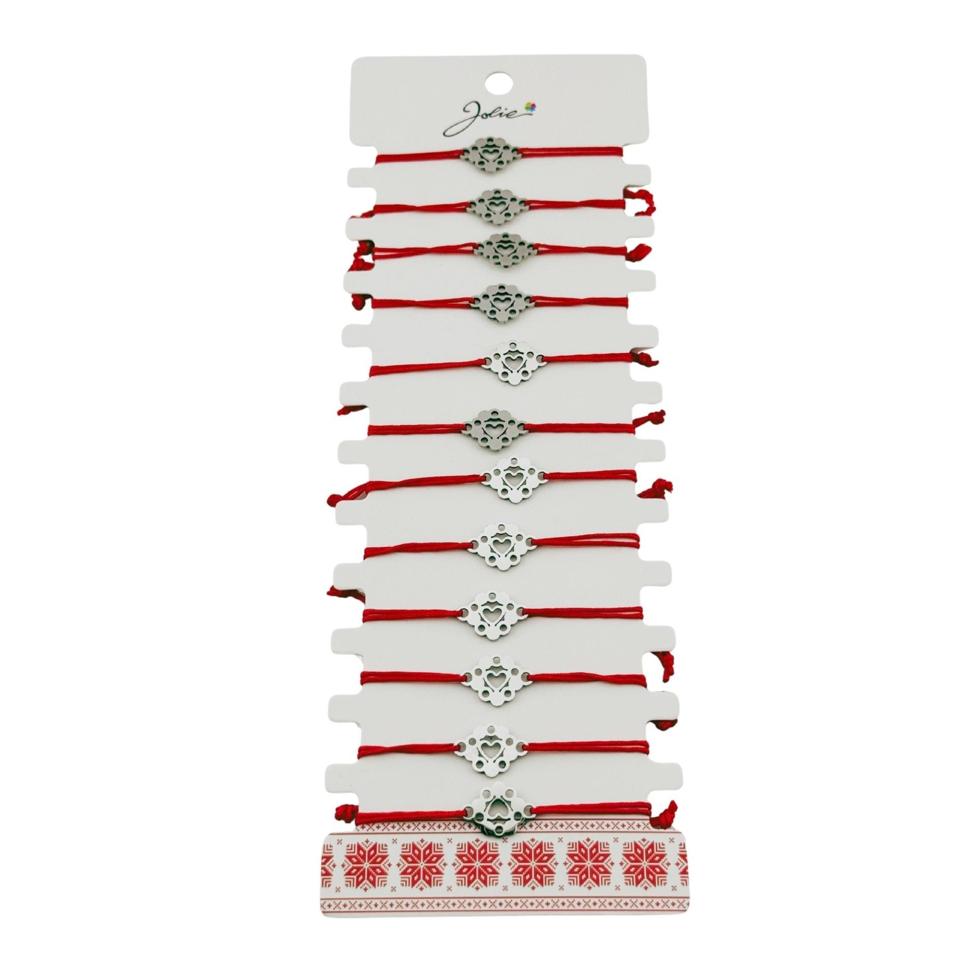 Bratara Martisor pentru Dama, Jolie, Model Inima in Floare, Set 12 bucati, Pandativ Argintiu din Inox cu Snur Rosu Ajustabil