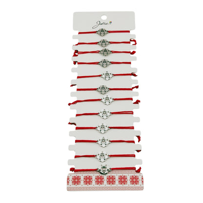 Bratara Martisor pentru Dama, Jolie, Model Inima in Floare, Set 12 bucati, Pandativ Argintiu din Inox cu Snur Rosu Ajustabil