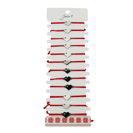 Bratara Martisor pentru Dama, Jolie, Model Inima, Set 12 bucati, Pandativ Argintiu din Inox cu Snur Rosu Ajustabil