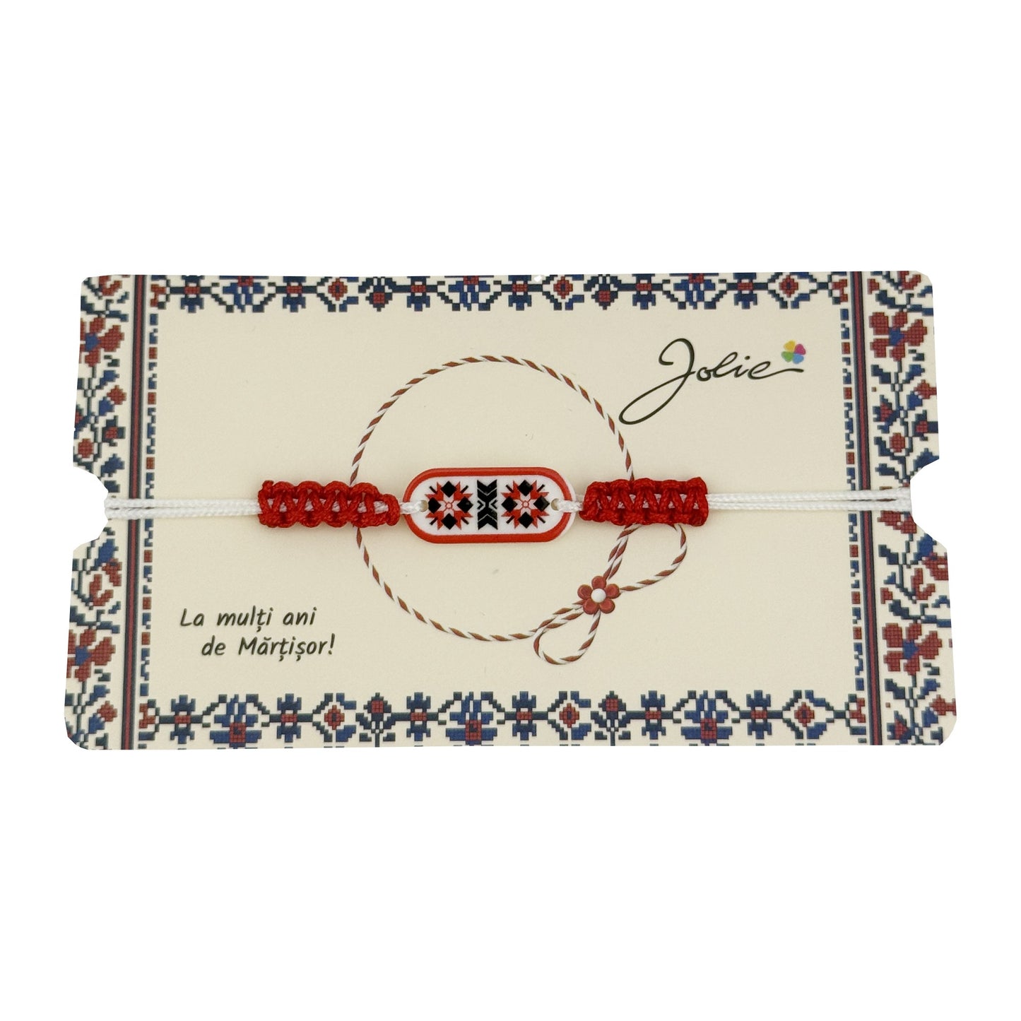 Martisor de Tip Bratara Norocoasa, Jolie, Ornament Central cu Motive Populare, Model Rosu, Dimensiune Reglabila, Ambalaj Individual cu Design