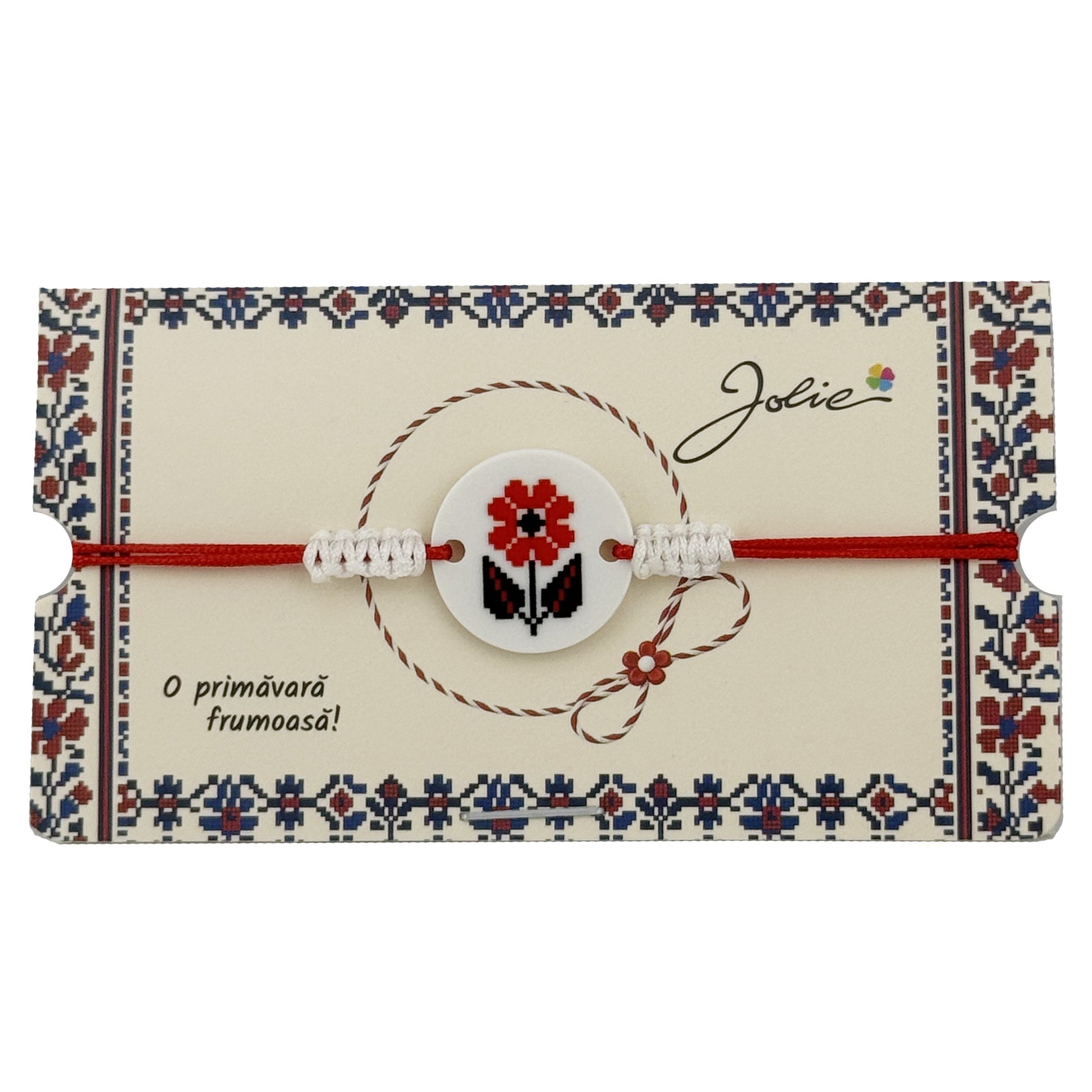 Martisor Traditional Bratara Norocoasa, Jolie, Model Rotund Floare, Bratara Martisor pentru Copii, din Plastic/Textil, Snur Rosu/Alb