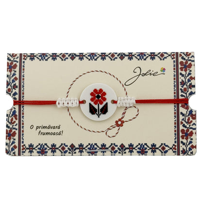 Martisor Traditional Bratara Norocoasa, Jolie, Model Rotund Floare, Bratara Martisor pentru Copii, din Plastic/Textil, Snur Rosu/Alb