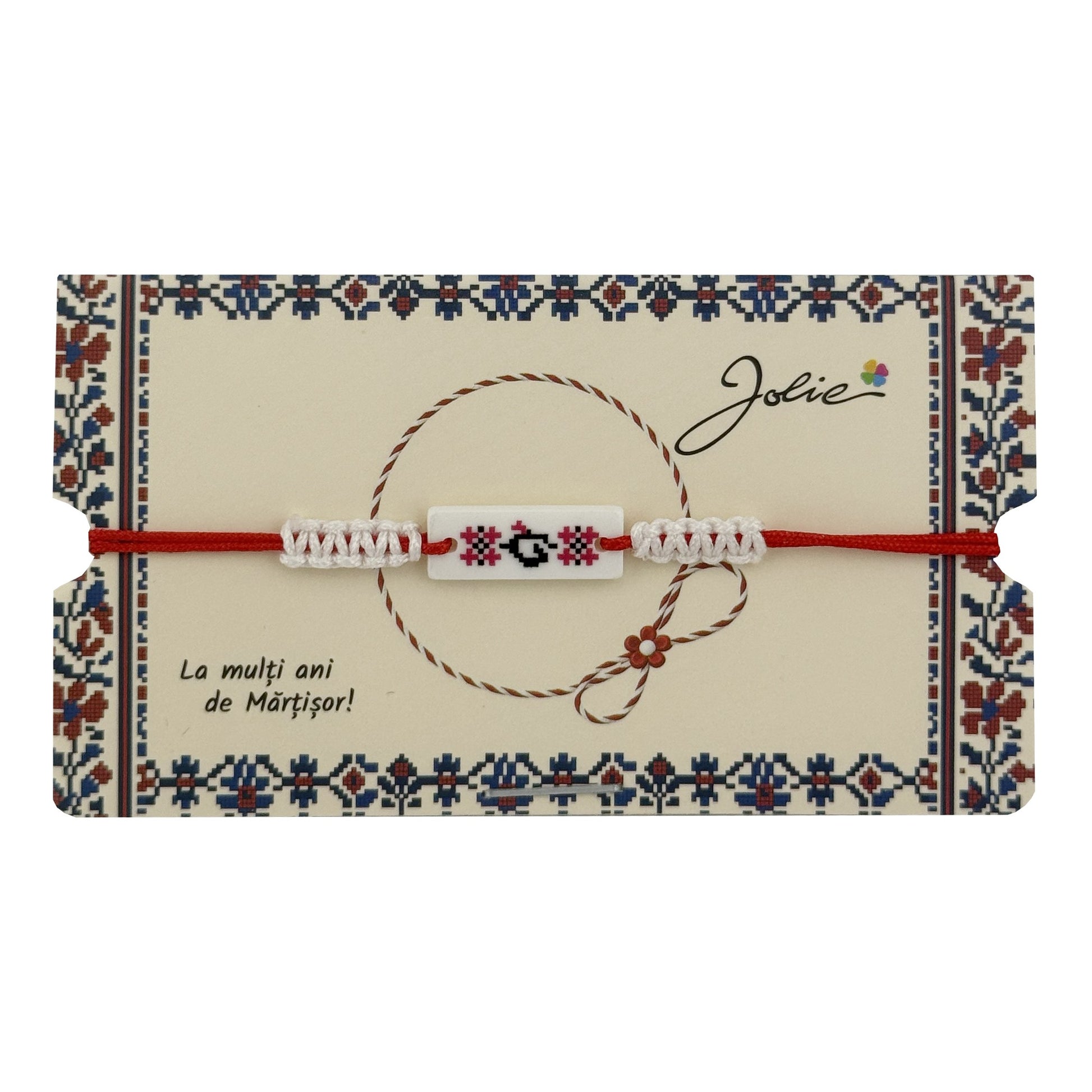 Martisor de Tip Bratara Norocoasa, Jolie, Ornament Central cu Motive Populare, Model Alb, Dimensiune Reglabila, Ambalaj Individual cu Design