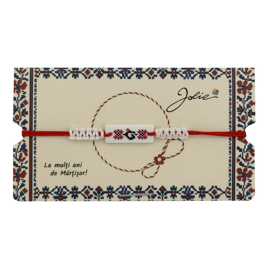 Martisor de Tip Bratara Norocoasa, Jolie, Ornament Central cu Motive Populare, Model Alb, Dimensiune Reglabila, Ambalaj Individual cu Design