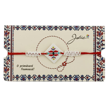 Martisor Traditional Bratara Norocoasa, Jolie, Model Romb Multicolor, Bratara Martisor pentru Copii, din Plastic/Textil, Snur Alb/Rosu