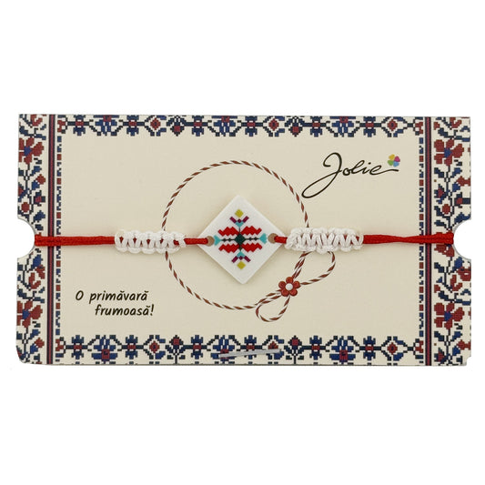 Martisor Traditional Bratara Norocoasa, Jolie, Model Romb Multicolor, Bratara Martisor pentru Copii, din Plastic/Textil, Snur Alb/Rosu