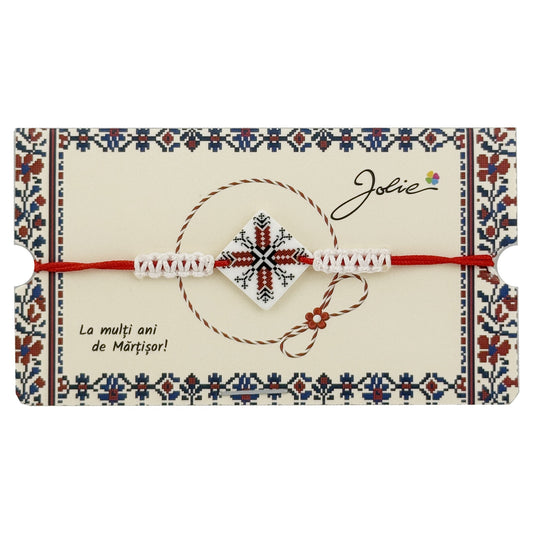 Martisor Traditional Bratara Norocoasa, Jolie, Model Romb Port Traditional, Bratara Martisor pentru Copii, din Plastic/Textil, Snur Alb/Rosu