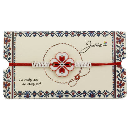 Martisor Traditional Bratara Norocoasa, Jolie, Model Trifoi Port Traditional, Bratara Martisor pentru Copii, din Plastic/Textil, Snur Rosu/Alb
