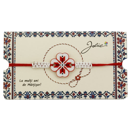 Martisor Traditional Bratara Norocoasa, Jolie, Model Trifoi Port Traditional, Bratara Martisor pentru Copii, din Plastic/Textil, Snur Rosu/Alb