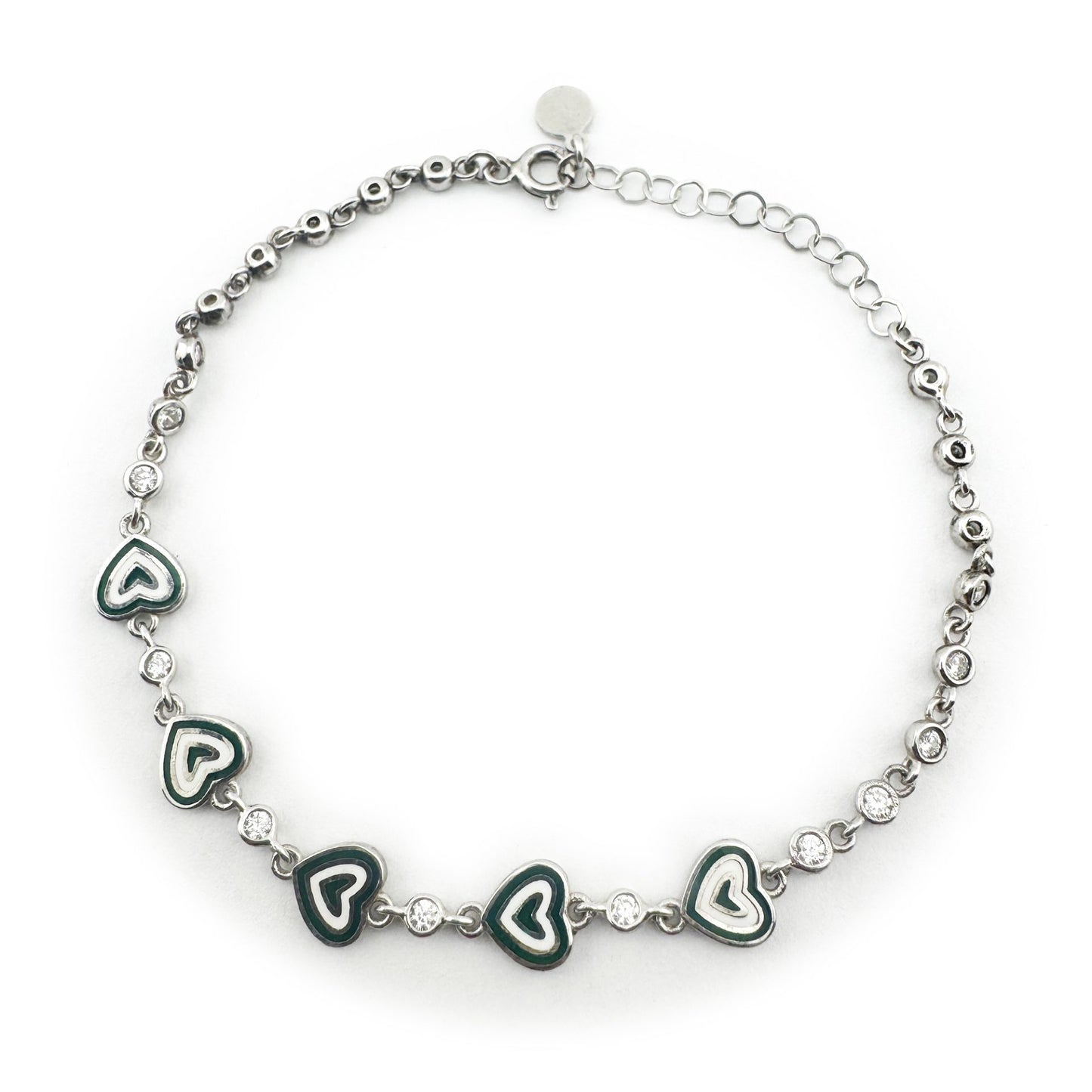 Bratara pentru Copii, Jolie, Argint 925, Model Inima, cu Email si Zirconiu, 22 cm/4.4g Argintiu/Verde inchis
