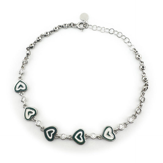 Bratara pentru Copii, Jolie, Argint 925, Model Inima, cu Email si Zirconiu, 22 cm/4.4g Argintiu/Verde inchis