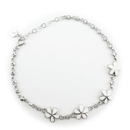 Bratara pentru Copii, Jolie, Argint 925, Model Floare, cu Email si Zirconiu, 22 cm/4.4g Argintiu/Alb