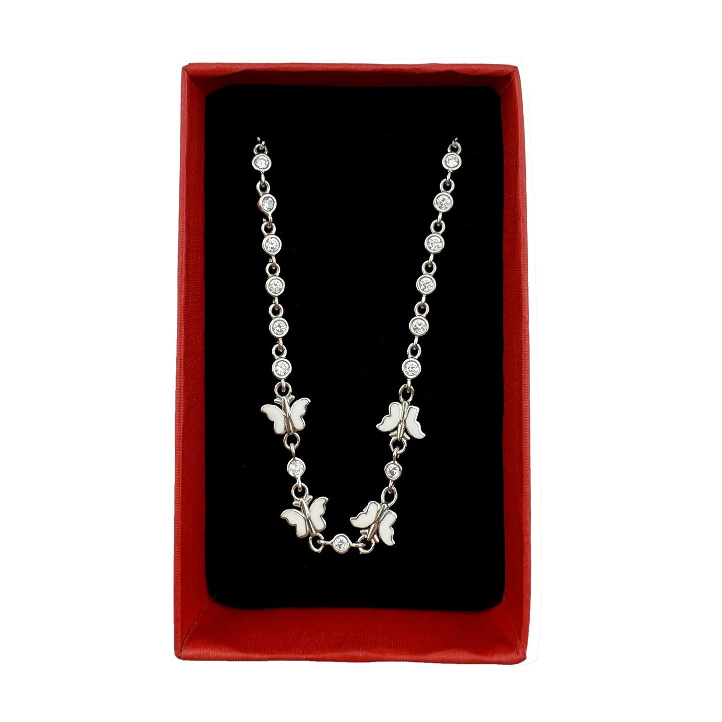 Bratara pentru Copii, Jolie, Argint 925, Model Fluture, cu Email si Zirconiu, 22 cm/4.4g Argintiu/Alb