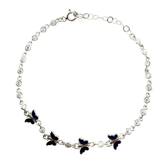 Bratara pentru Copii, Jolie, Argint 925, Model Fluture, cu Email si Zirconiu, 22 cm/4.4g Argintiu/Albastru inchis