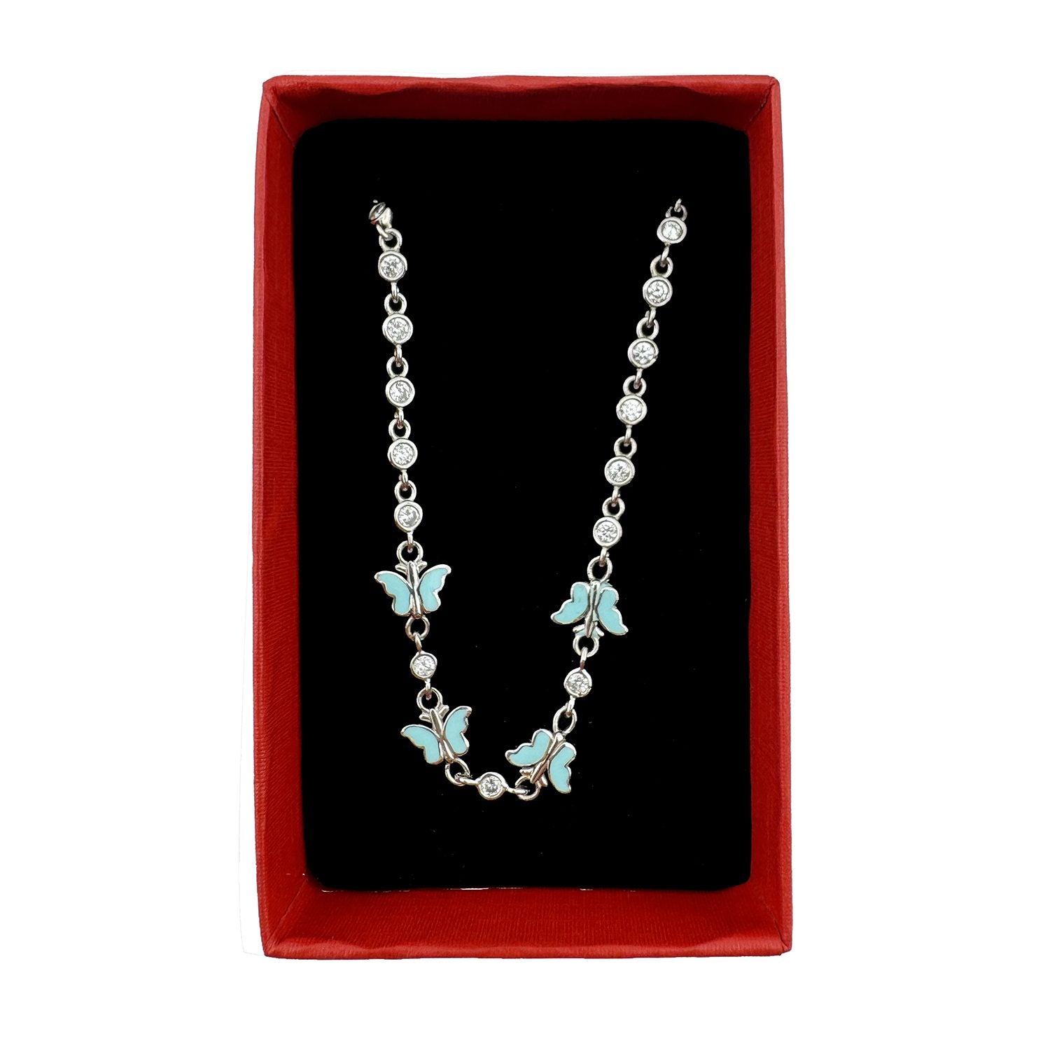 Bratara pentru Copii, Jolie, Argint 925, Model Fluture, cu Email si Zirconiu, 22 cm/4.4g Argintiu/Turcoaz