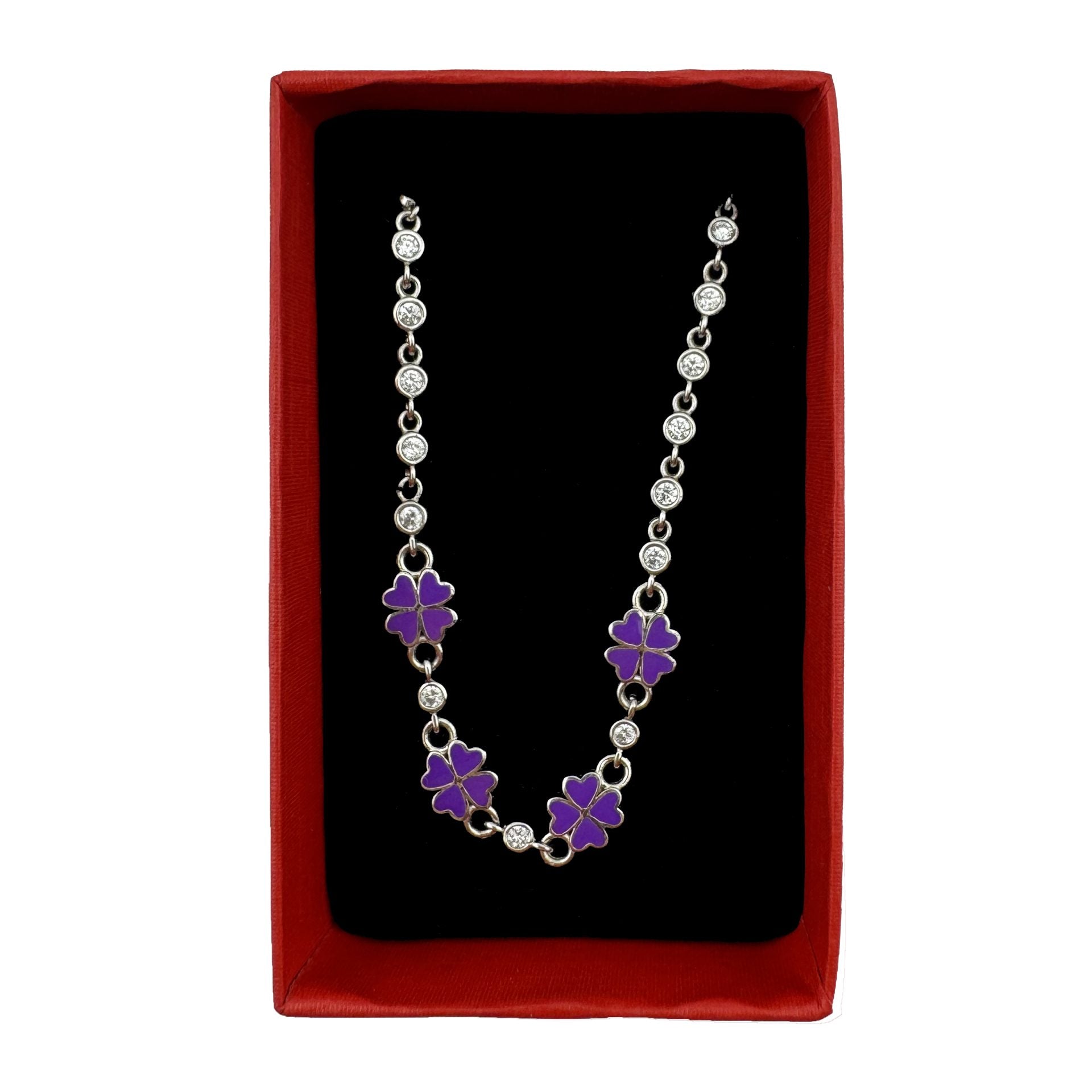 Bratara pentru Copii, Jolie, Argint 925, Model Trifoi, cu Email si Zirconiu, 22 cm/4.4g Argintiu/Mov