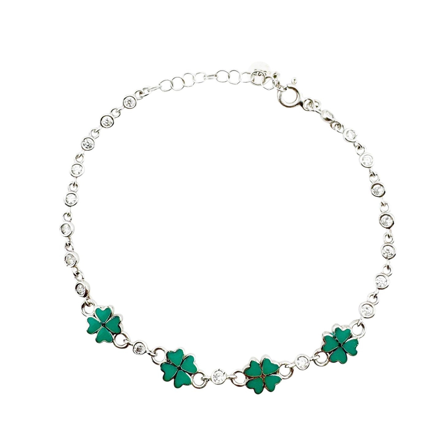 Bratara pentru Copii, Jolie, Argint 925, Model Trifoi, cu Email si Zirconiu, 22 cm/4.4g Argintiu/Verde