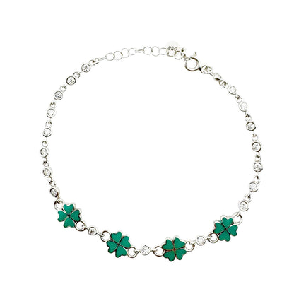 Bratara pentru Copii, Jolie, Argint 925, Model Trifoi, cu Email si Zirconiu, 22 cm/4.4g Argintiu/Verde