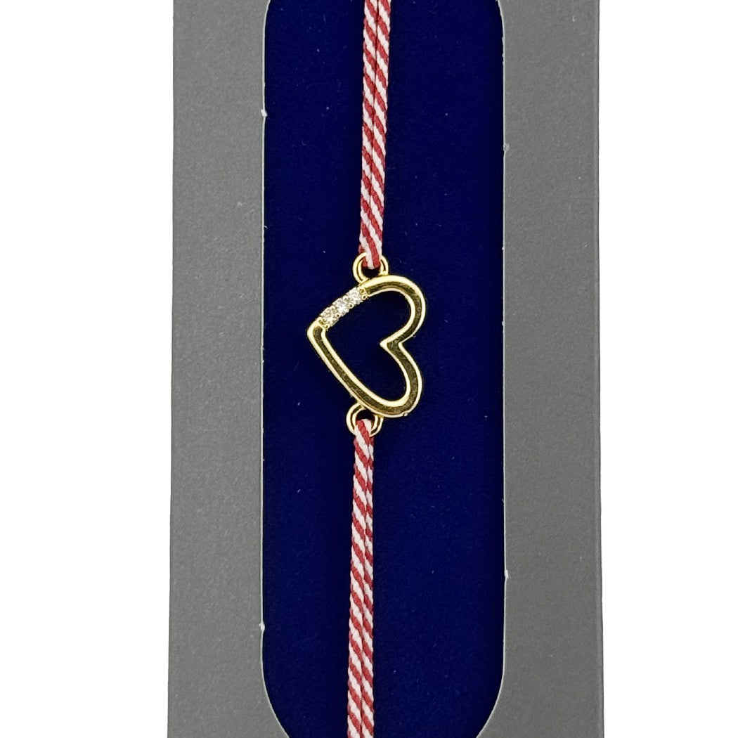 Bratara Placata cu Aur 24k, Jolie, Model INIMA cu 3 Pietre, Martisor Bratara, cu Snur Alb/Rosu, Auriu
