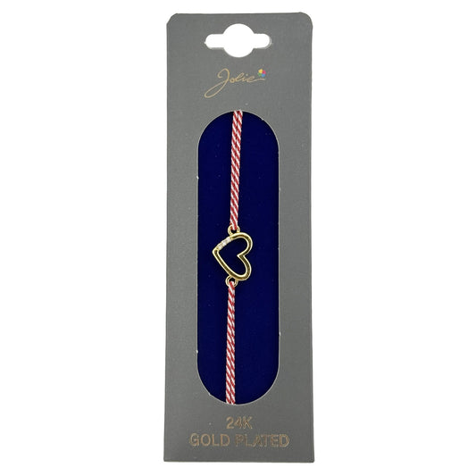 Bratara Placata cu Aur 24k, Jolie, Model INIMA cu 3 Pietre, Martisor Bratara, cu Snur Alb/Rosu, Auriu