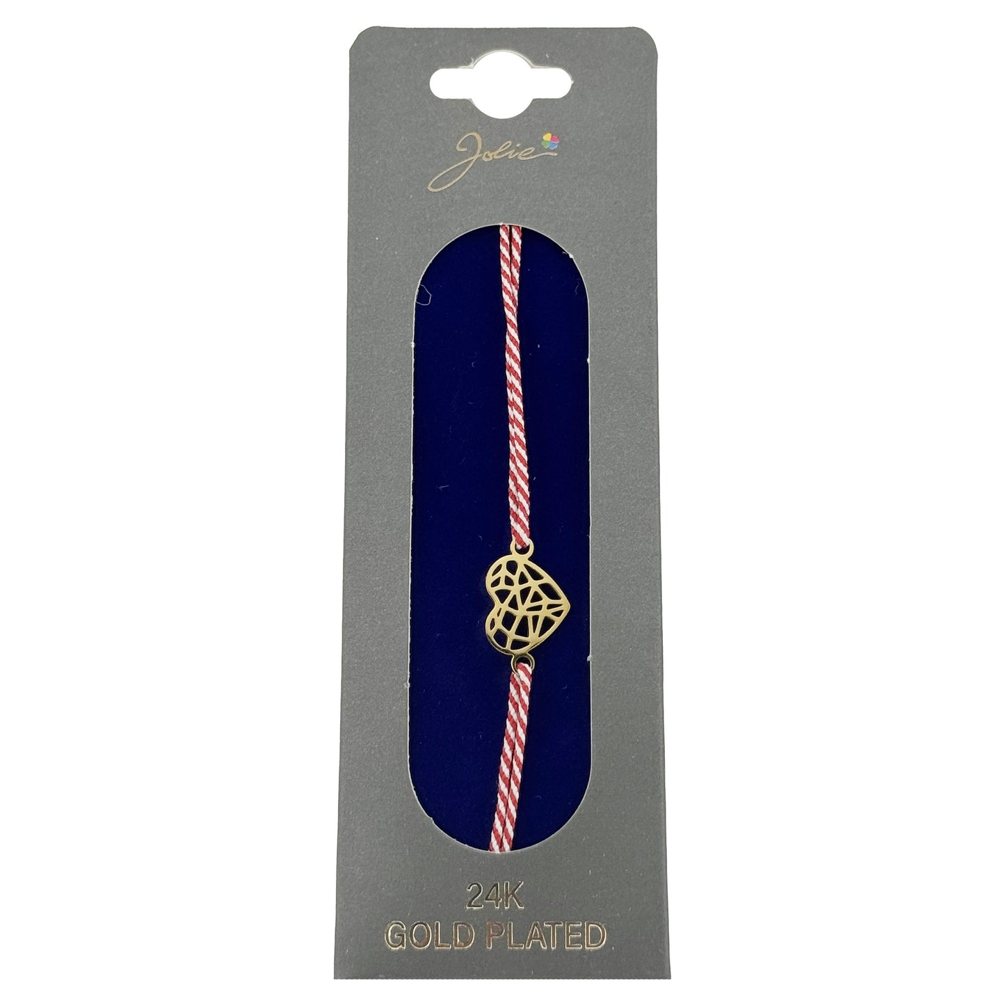 Bratara Placata cu Aur 24k, Jolie, Model INIMA aspect Crapaturi, Martisor Bratara, cu Snur Alb/Rosu, Auriu