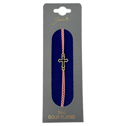 Bratara Placata cu Aur 24k, Jolie, Model CRUCE, Martisor Bratara, cu Snur Alb/Rosu, Auriu