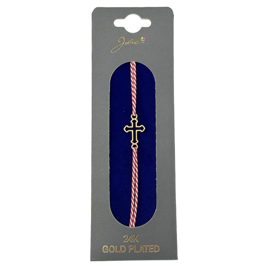 Bratara Placata cu Aur 24k, Jolie, Model CRUCE, Martisor Bratara, cu Snur Alb/Rosu, Auriu