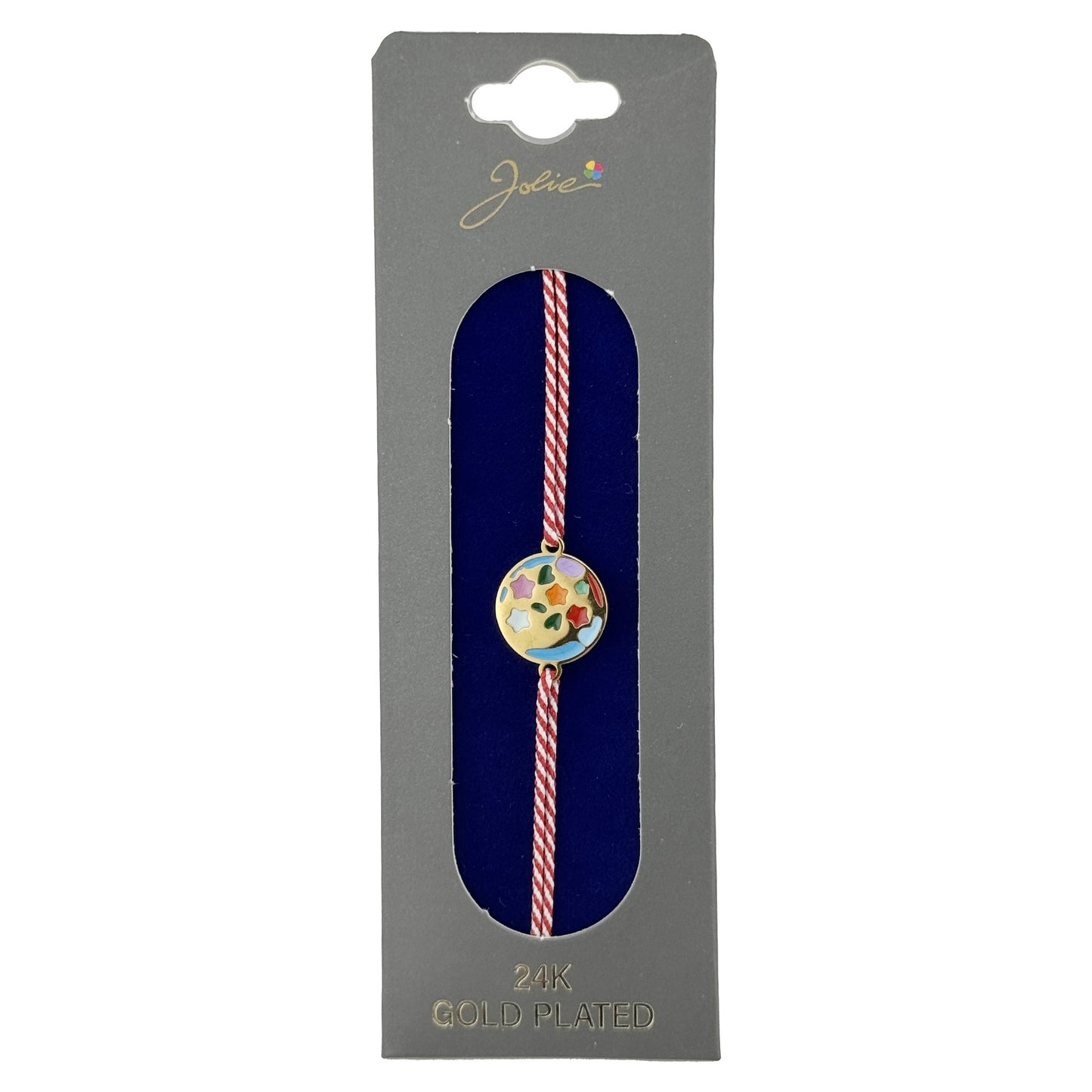 Bratara Placata cu Aur 24k, Jolie, Model GLOB cu STELE, Martisor Bratara, cu Snur Alb/Rosu, Auriu