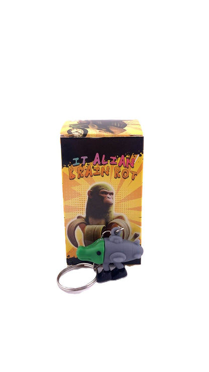 Breloc de Chei din Silicon, Klevo, Figurina Brainrot Bombardiro Crocodilo, 4 cm, Gri/Verde