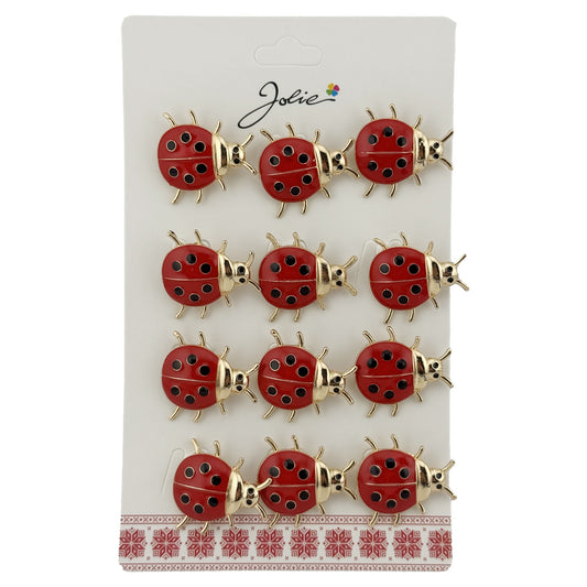 Brose Martisor Primavara, Jolie, Set 12 Bucati, Model Buburuza Mare, Brosa din Metal, 3 x 2 cm per Bucata, Rosu
