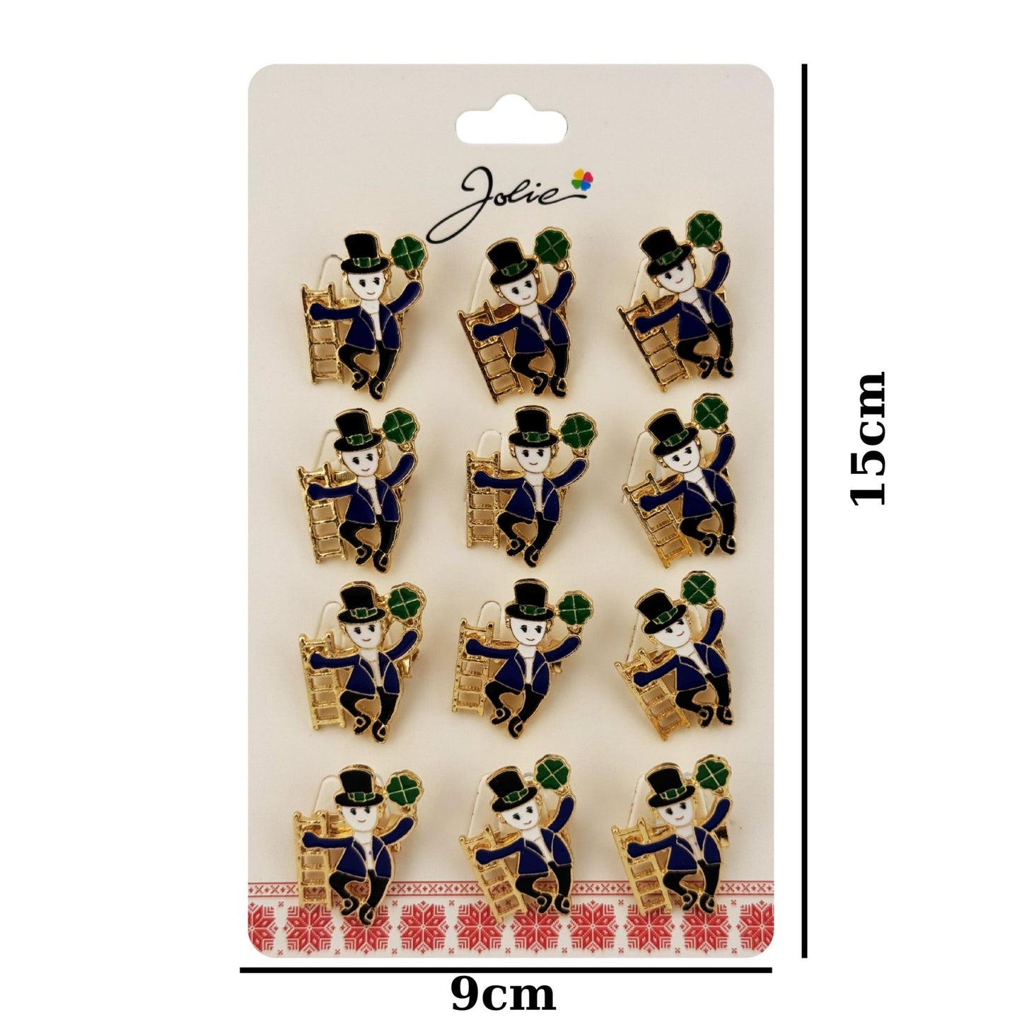 Brose Martisor Primavara Jolie, Set 12 Bucati, Model Elf cu Trifoi Norocos, Brosa din Metal, 3 x 2 cm per Bucata, Albastru inchis