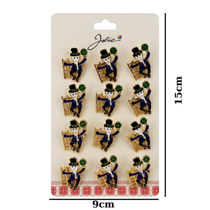 Brose Martisor Primavara Jolie, Set 12 Bucati, Model Elf cu Trifoi Norocos, Brosa din Metal, 3 x 2 cm per Bucata, Albastru inchis