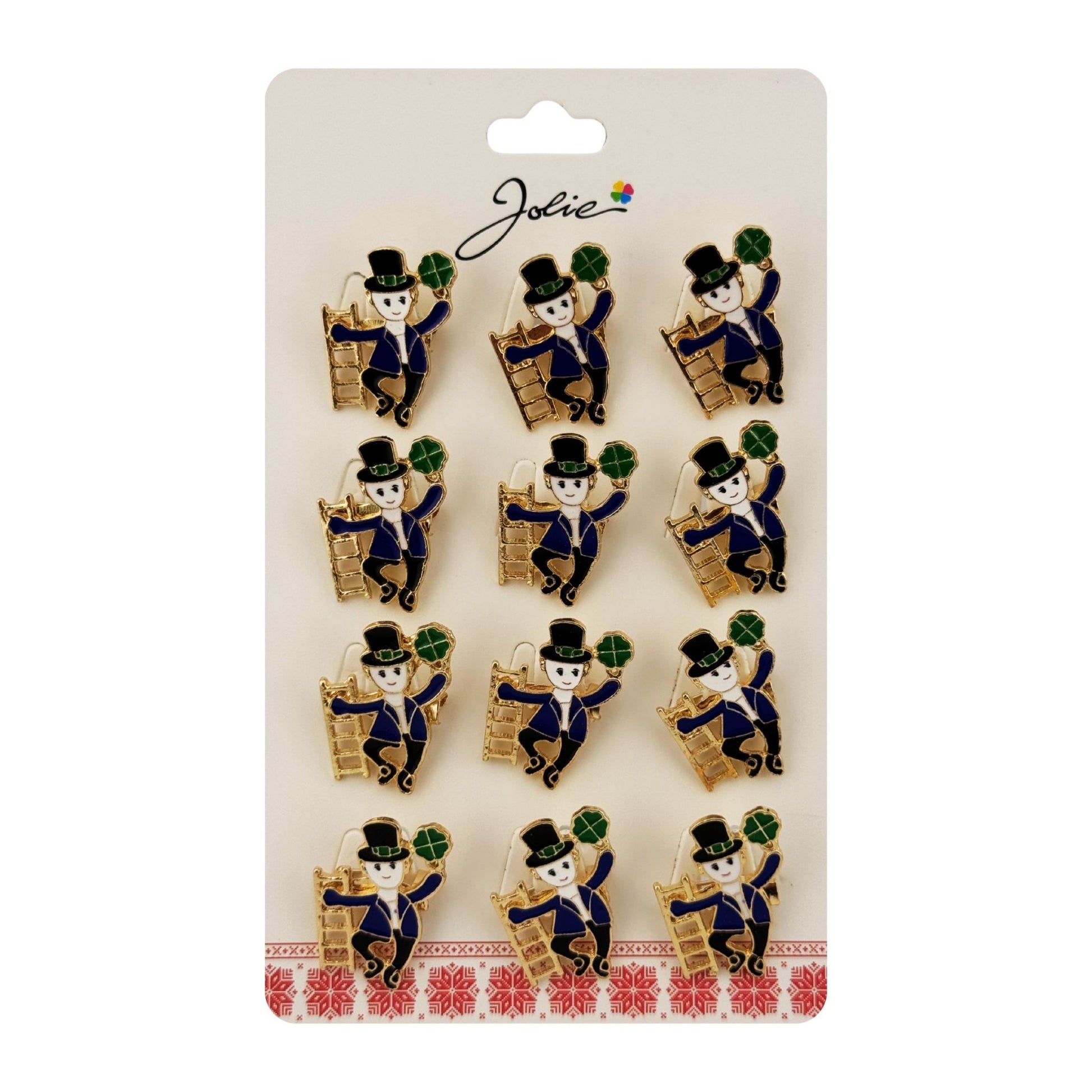 Brose Martisor Primavara Jolie, Set 12 Bucati, Model Elf cu Trifoi Norocos, Brosa din Metal, 3 x 2 cm per Bucata, Albastru inchis