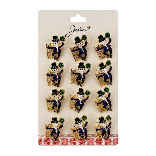 Brose Martisor Primavara Jolie, Set 12 Bucati, Model Elf cu Trifoi Norocos, Brosa din Metal, 3 x 2 cm per Bucata, Albastru inchis