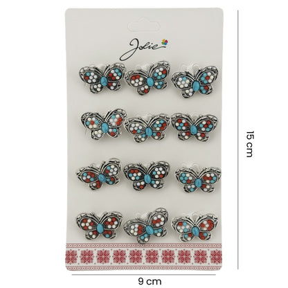 Brose Martisor Primavara, Jolie, Set 12 Bucati, Model Fluture cu Pietre, Brosa din Metal, 3 x 2 cm per Bucata, Argintiu