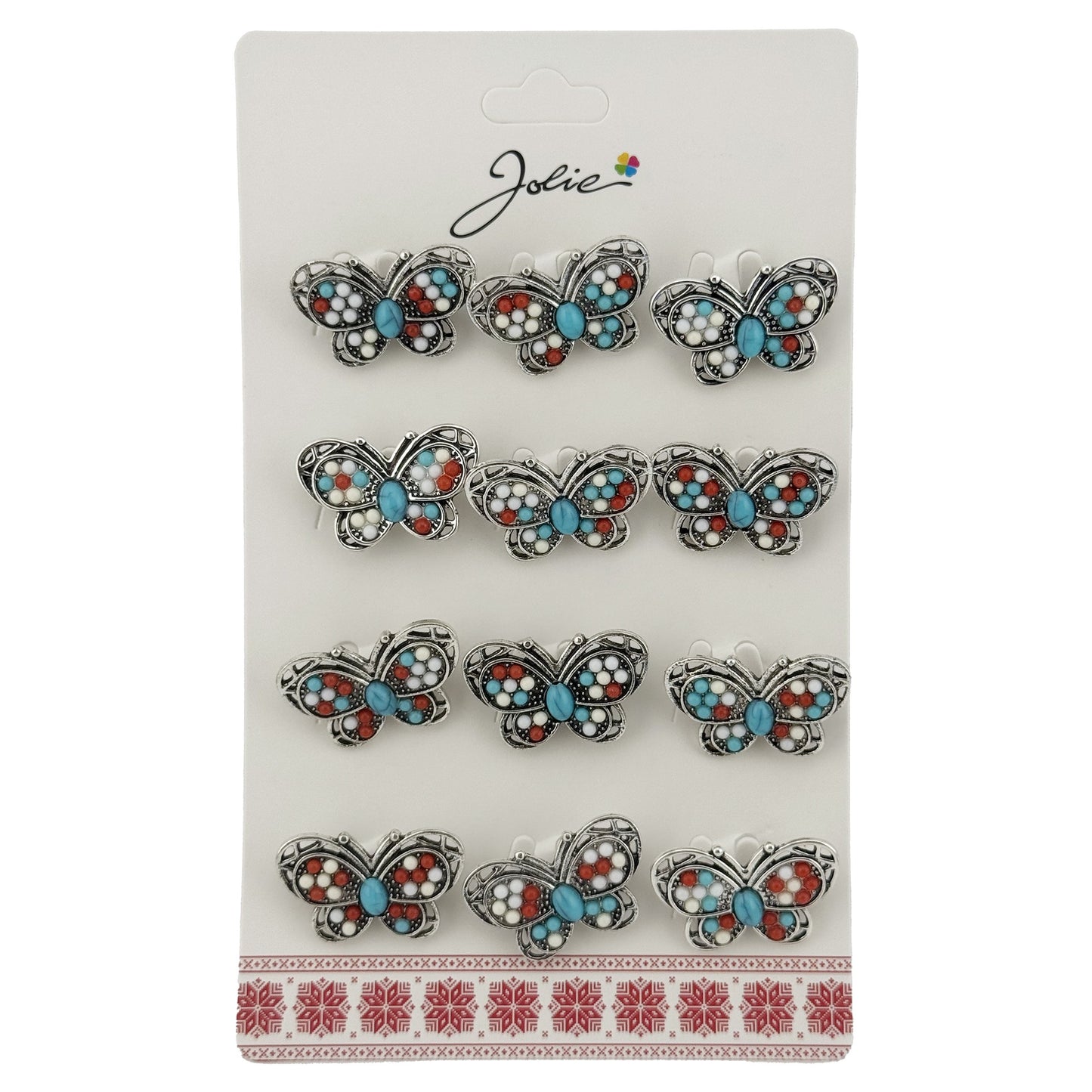 Brose Martisor Primavara, Jolie, Set 12 Bucati, Model Fluture cu Pietre, Brosa din Metal, 3 x 2 cm per Bucata, Argintiu