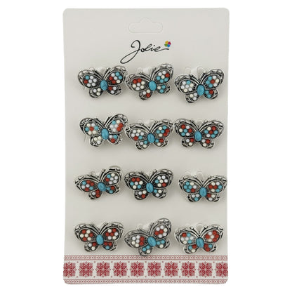 Brose Martisor Primavara, Jolie, Set 12 Bucati, Model Fluture cu Pietre, Brosa din Metal, 3 x 2 cm per Bucata, Argintiu