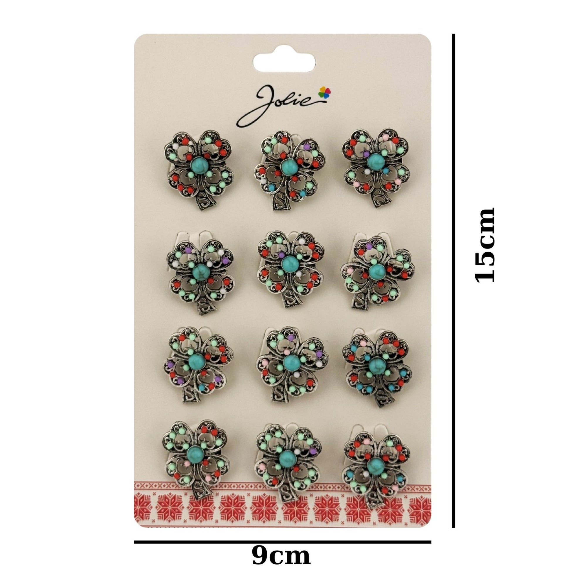 Brose Martisor Primavara, Jolie, Set 12 Bucati, Model Trifoi cu Pietre Decorative, Brosa din Metal, Dimensiune 3 x 2 cm per Bucata, Argintiu/Albastru deschis