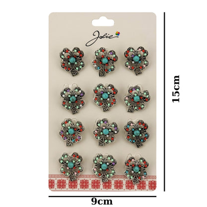 Brose Martisor Primavara, Jolie, Set 12 Bucati, Model Trifoi cu Pietre Decorative, Brosa din Metal, Dimensiune 3 x 2 cm per Bucata, Argintiu/Albastru deschis