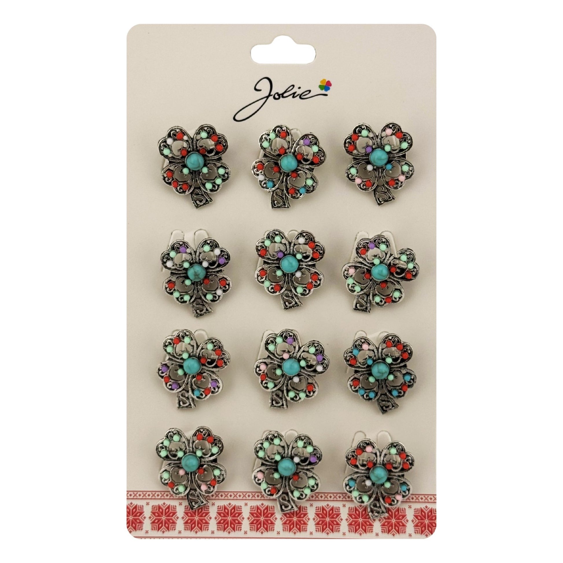 Brose Martisor Primavara, Jolie, Set 12 Bucati, Model Trifoi cu Pietre Decorative, Brosa din Metal, Dimensiune 3 x 2 cm per Bucata, Argintiu/Albastru deschis