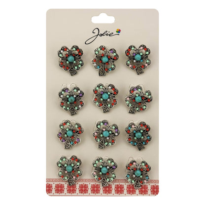 Brose Martisor Primavara, Jolie, Set 12 Bucati, Model Trifoi cu Pietre Decorative, Brosa din Metal, Dimensiune 3 x 2 cm per Bucata, Argintiu/Albastru deschis