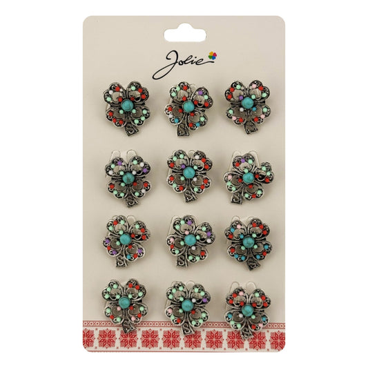 Brose Martisor Primavara, Jolie, Set 12 Bucati, Model Trifoi cu Pietre Decorative, Brosa din Metal, Dimensiune 3 x 2 cm per Bucata, Argintiu/Albastru deschis