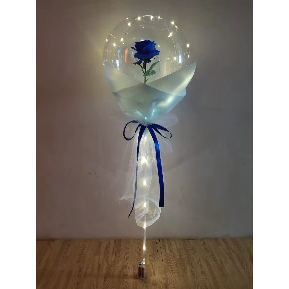 Buchet Decorativ, Klevo, Trandafir in Balon cu Lumini Led, Diametru 35 cm, 2 x Baterii AA (neincluse), Albastru/Alb