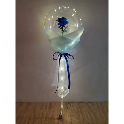 Buchet Decorativ, Klevo, Trandafir in Balon cu Lumini Led, Diametru 35 cm, 2 x Baterii AA (neincluse), Albastru/Alb