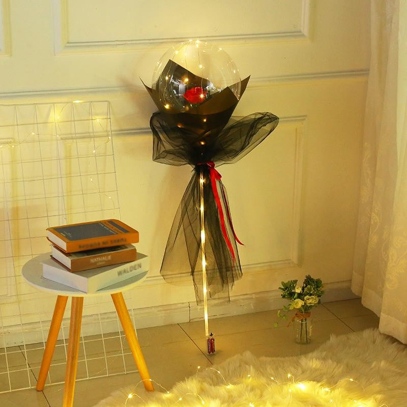 Buchet Decorativ, Klevo, Trandafir in Balon cu Lumini Led, Diametru 35 cm, 2 x Baterii AA (neincluse), Rosu/Negru