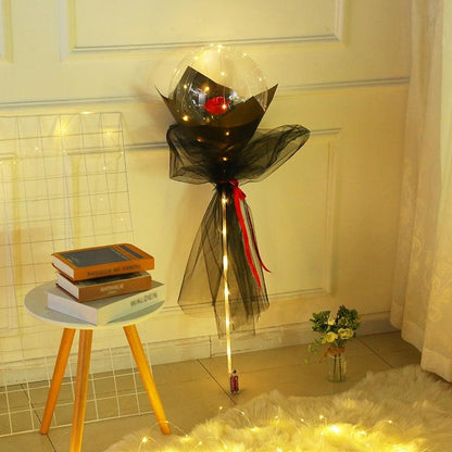 Buchet Decorativ, Klevo, Trandafir in Balon cu Lumini Led, Diametru 35 cm, 2 x Baterii AA (neincluse), Rosu/Negru