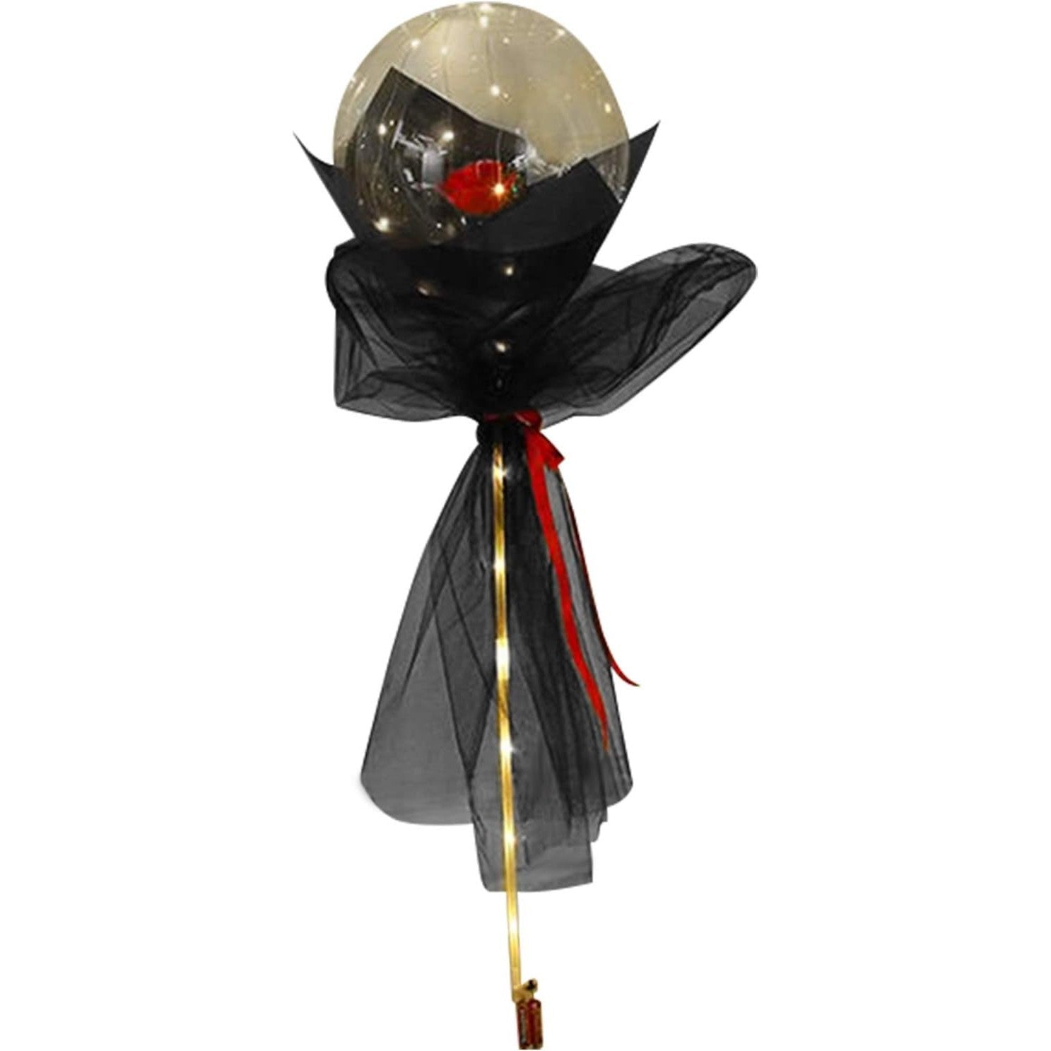 Buchet Decorativ, Klevo, Trandafir in Balon cu Lumini Led, Diametru 35 cm, 2 x Baterii AA (neincluse), Rosu/Negru