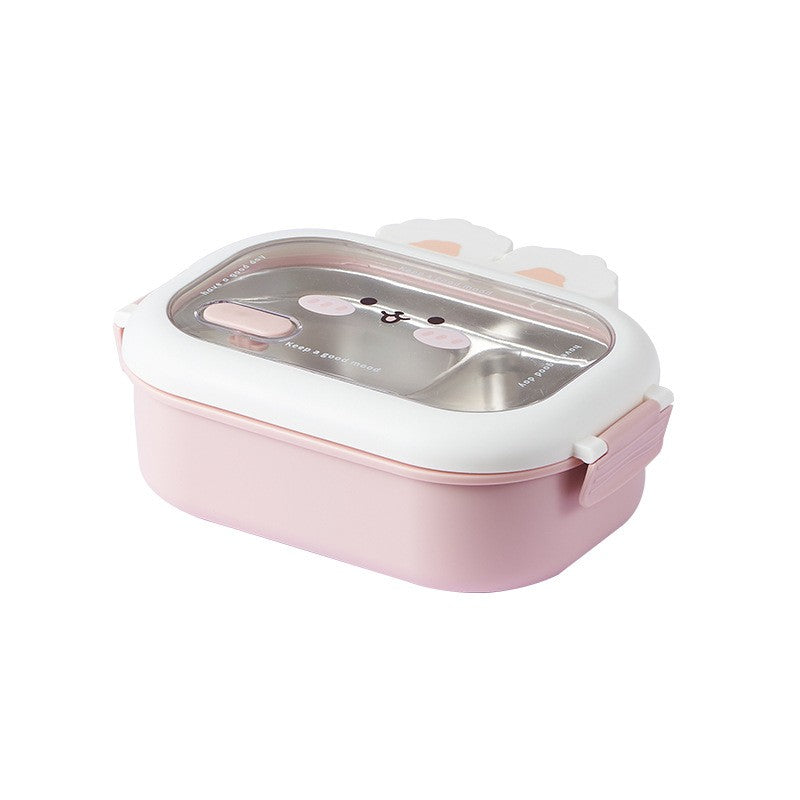 Cutie pentru Pranz sau Gustari, Klevo, cu Doua Compartimente, Model Iepuras, pentru Copii si Adulti, Etansare, PP, Perfect pentru Scoala si Birou, 1000 mL, 22x17.8x8 cm, Roz