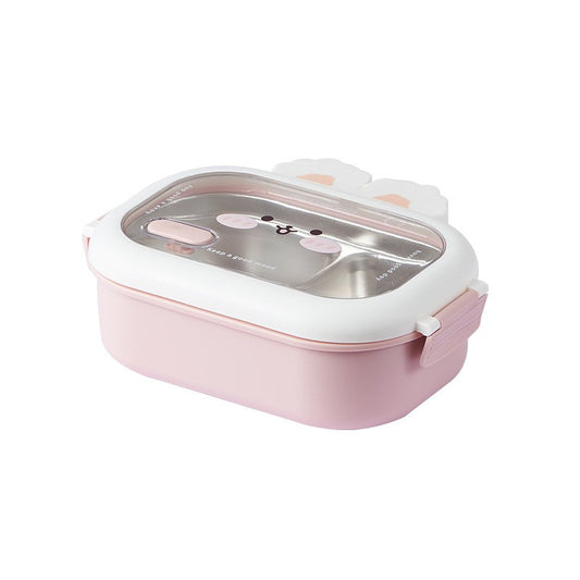 Cutie pentru Pranz sau Gustari, Klevo, cu Doua Compartimente, Model Iepuras, pentru Copii si Adulti, Etansare, PP, Perfect pentru Scoala si Birou, 1000 mL, 22x17.8x8 cm, Roz